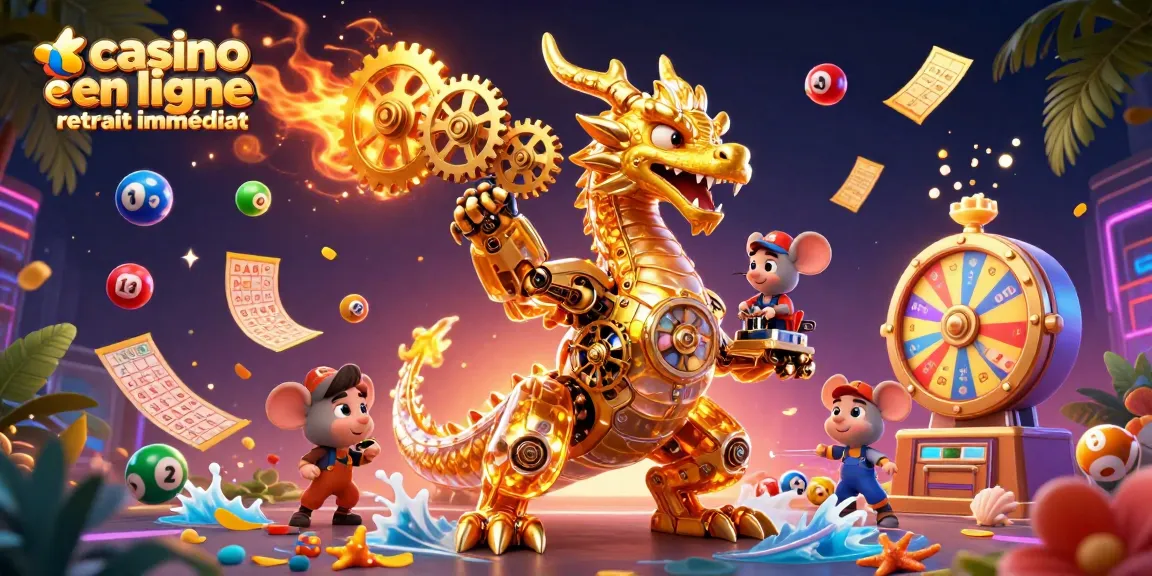 Visualisez l'univers du casino en ligne retrait immédiat avec un dragon doré et des éléments ludiques.