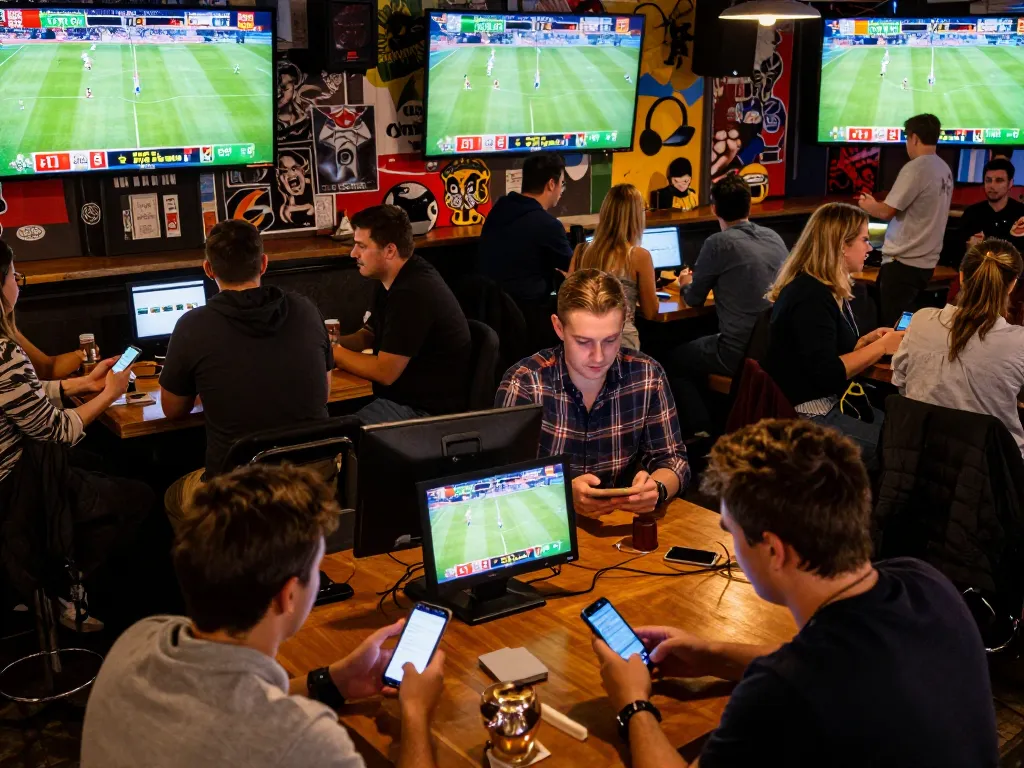 Patrons actively placing bets on their smartphones at a lively sports bar during a gaming session on 789betgo
