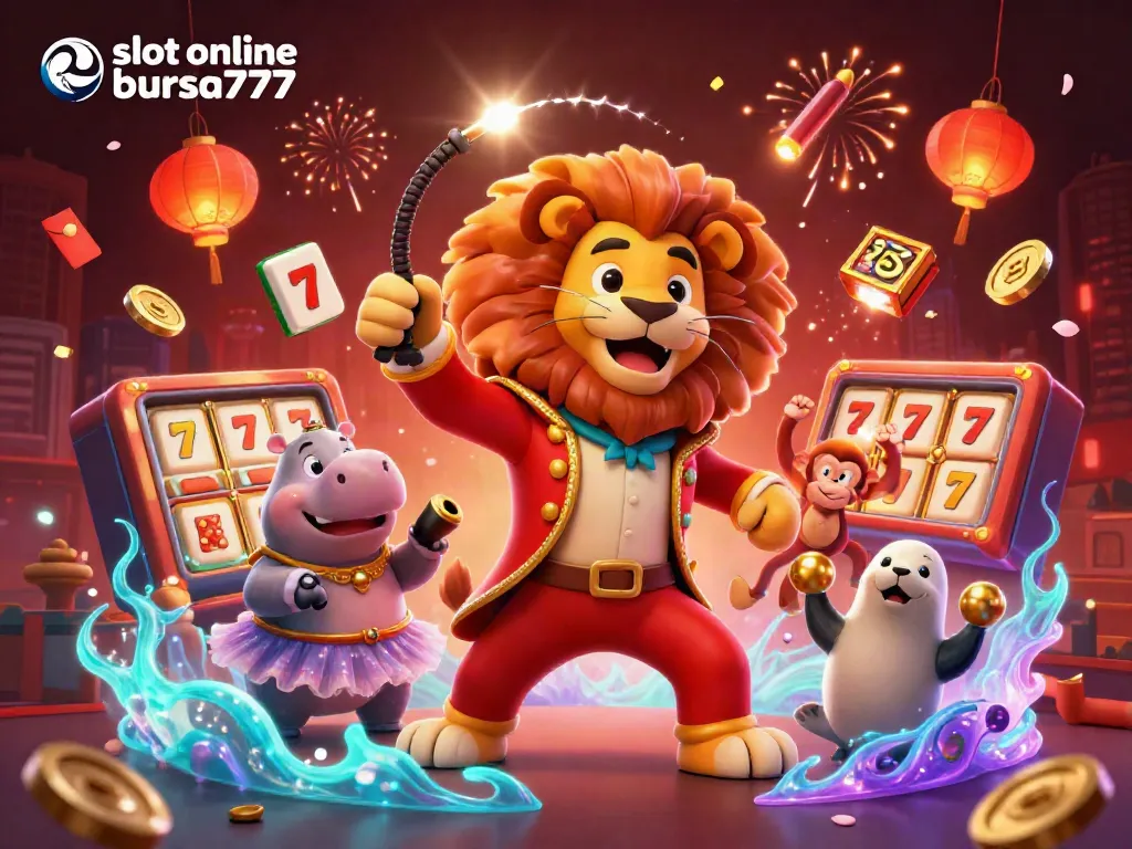 Bermain slot online bursa777 dengan slot mesin, lion ringmaster dan karakter menarik lainnya.