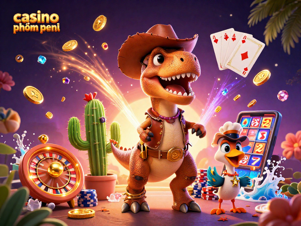 Spin and win at casino phnom penh with a cartoon T-Rex, vibrant coins, and game elements!