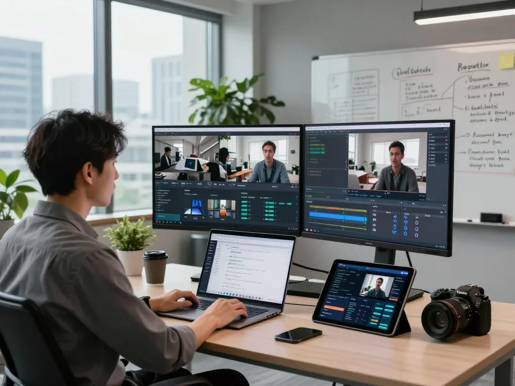 Data scientist utilizing video to promptgenerator technology in a modern office.