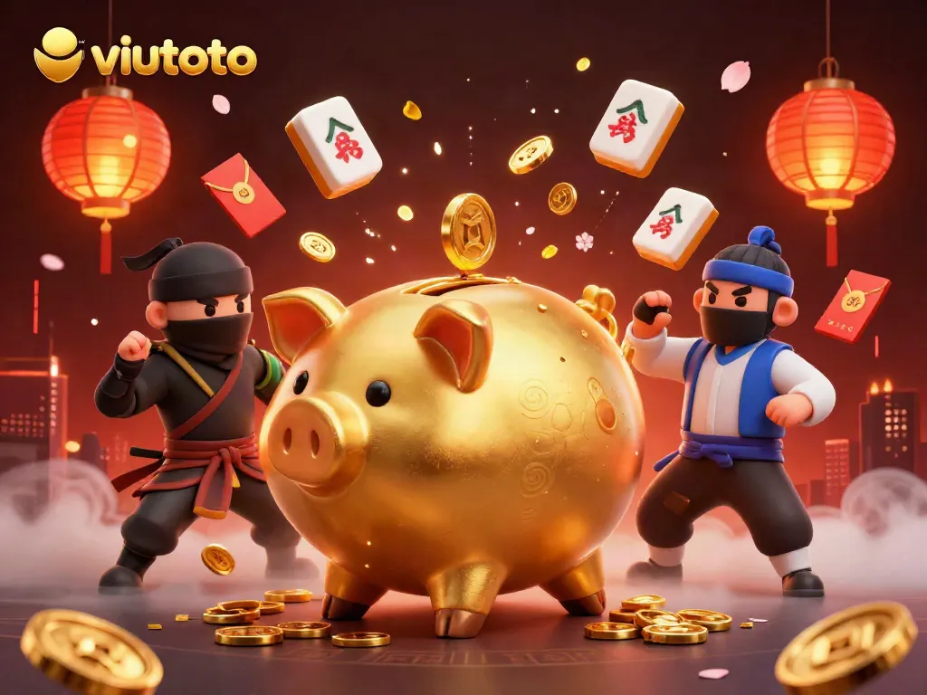 Viutoto menampilkan ilustrasi kasino dengan karakter keren dalam suasana meriah.