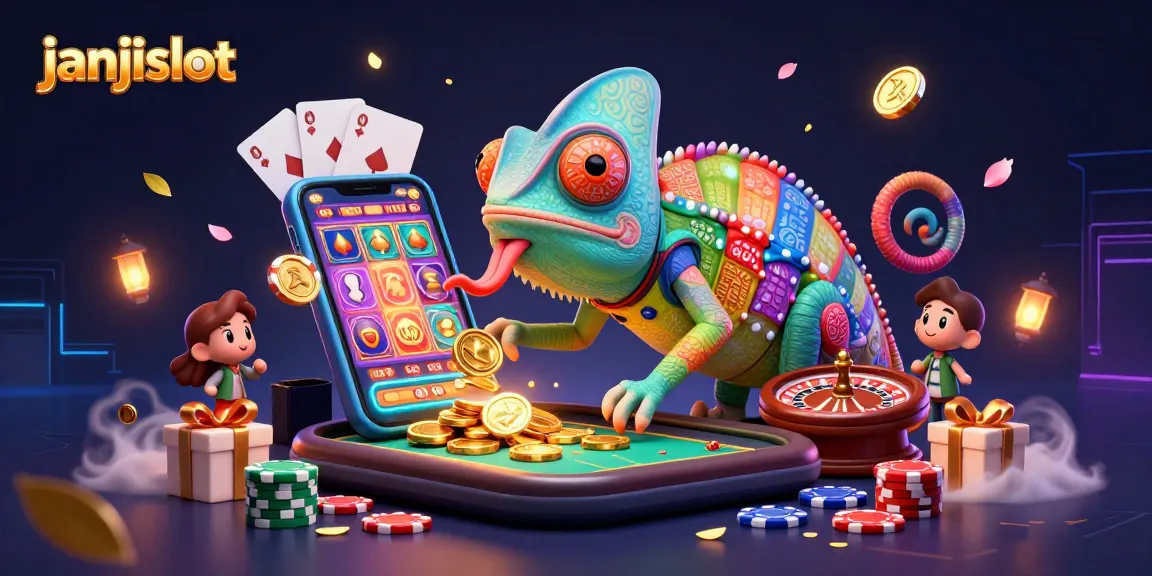 Engage with janjislot's vibrant casino scene filled with gold coins, slot games, and playful characters.