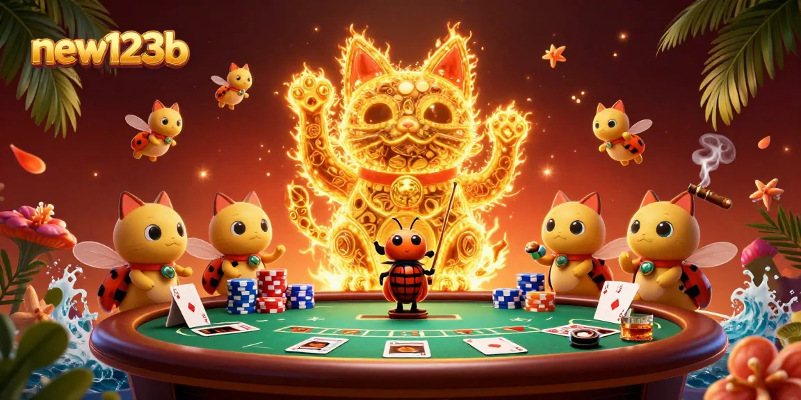 Join the fun at new123b with a mesmerizing display of a lucky cat and vibrant casino elements.