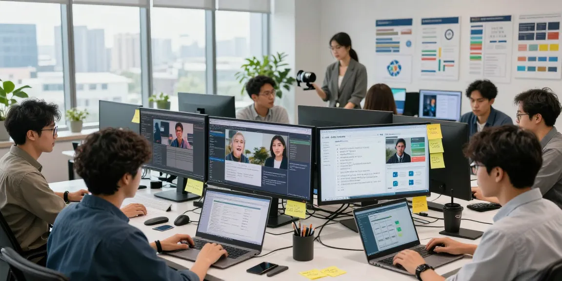 AI image detector team analysing content moderation data in a modern office setting.