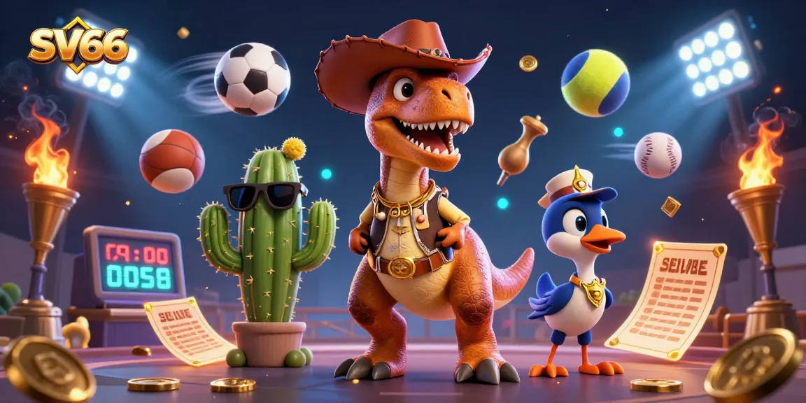 Engage in exciting betting with SV66, featuring a dynamic 3D scene of characters and sports elements.