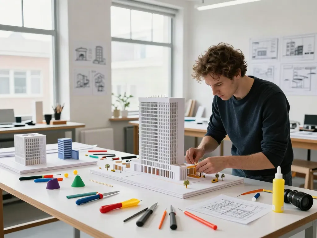 Architectural model maker Belgium working on a detailed model in a vibrant design studio.