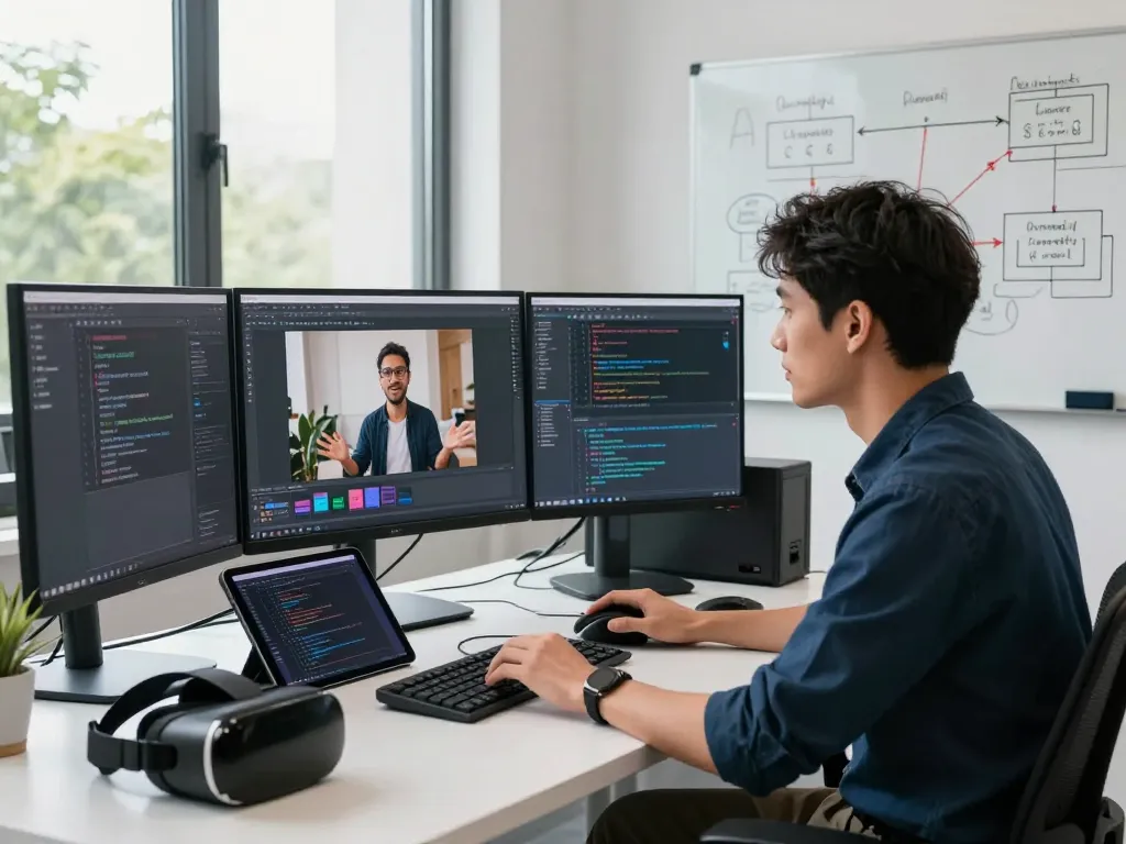 AI developer analyzing image with image to prompt generator in a modern workspace