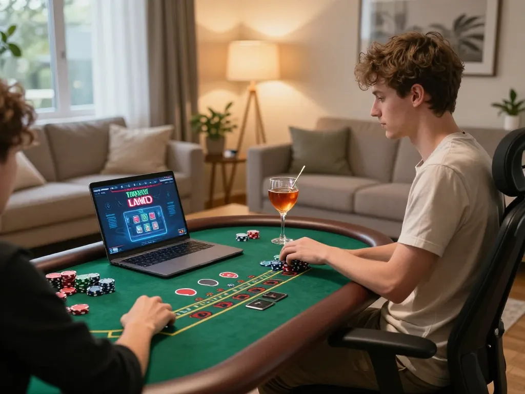 Player immerses in strategic online gaming at nhà cái 8xbet with laptop, poker chips, and cocktail.