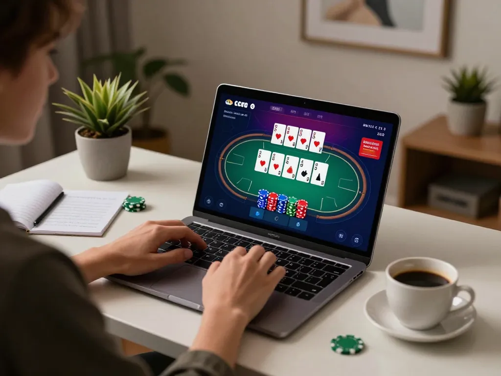 Player engaged in an lc88 online poker game using a laptop, showcasing strategic betting.
