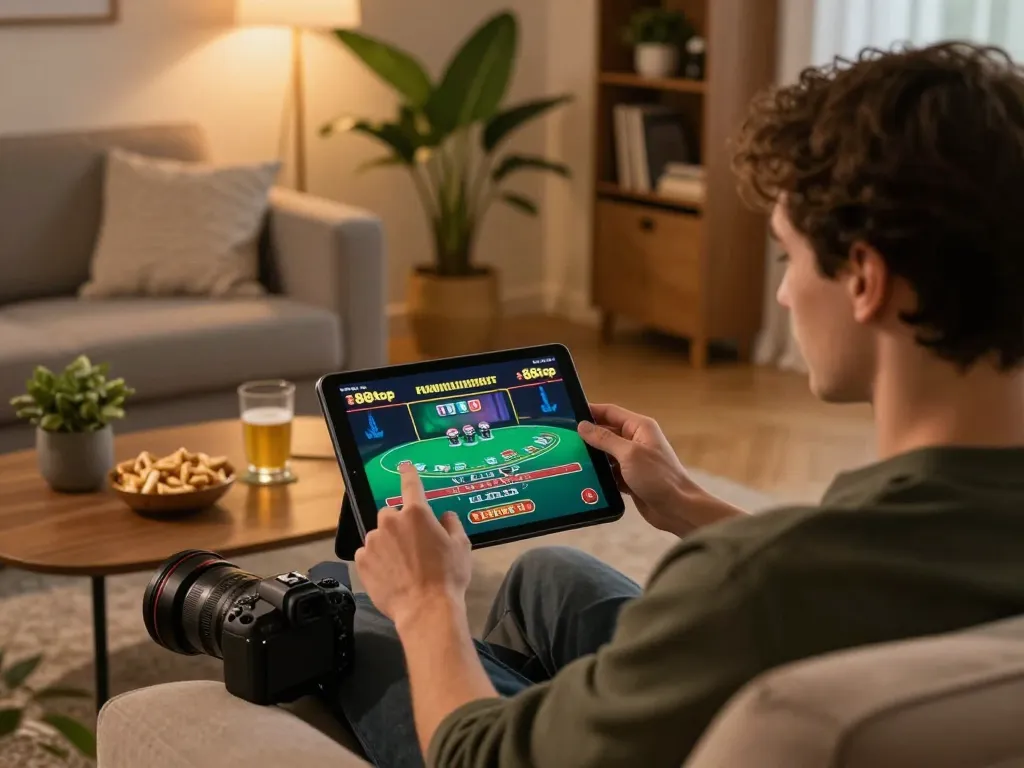 Player enjoying a live dealer game on 888top tablet from cozy home setting.