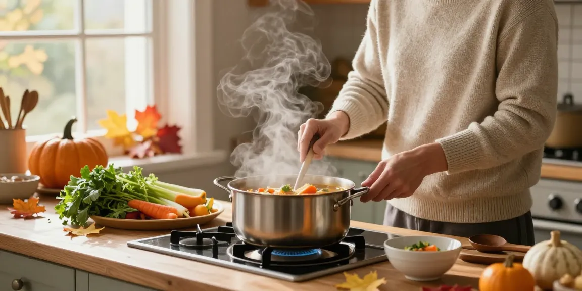 Suppe kaufen: Gemütliche Küchenszene mit frischen Zutaten für hausgemachte Suppen, die eine warme Herbstatmosphäre schaffen.