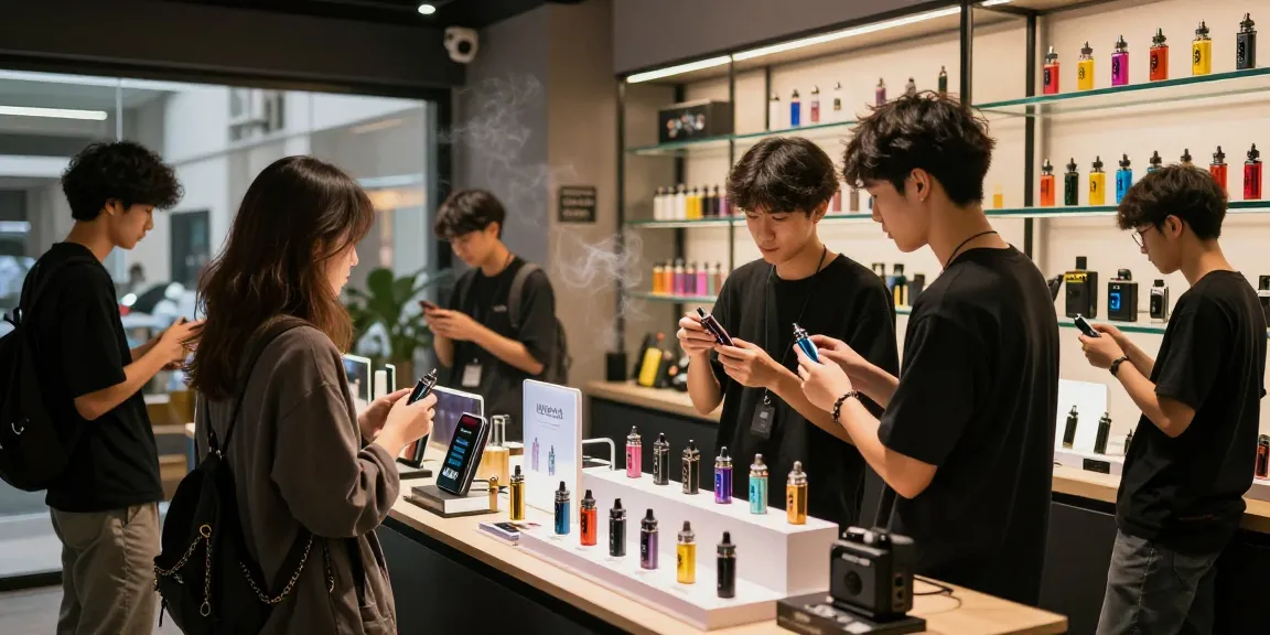 Customers explore the latest 電子菸主機 in a vibrant vape shop, showcasing modern devices and accessories.