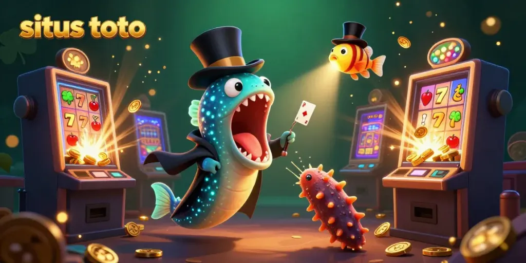 Engaging illustration showcasing situs toto with a deep-sea gulper eel performing magic tricks amid a vibrant casino backdrop.