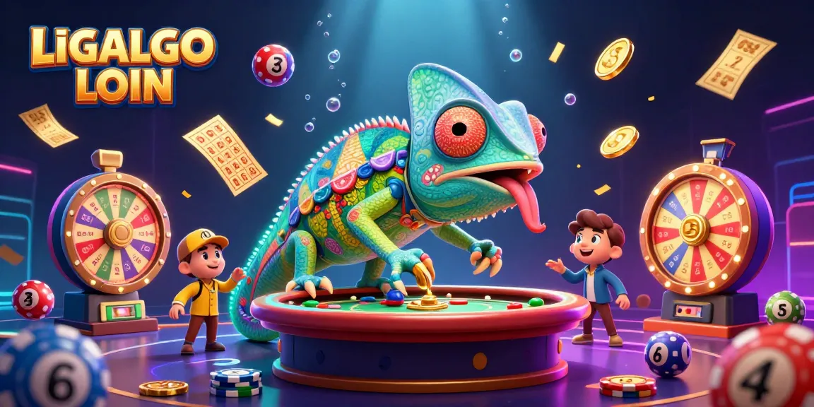 Visualize LIGALGO LOGIN with an animated chameleon casino owner amidst dynamic gaming elements.