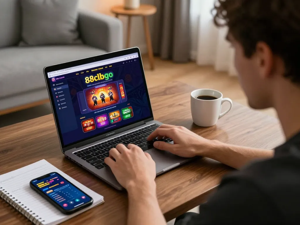 A gambler exploring the exciting 88clbgo online casino on a laptop in a cozy setting