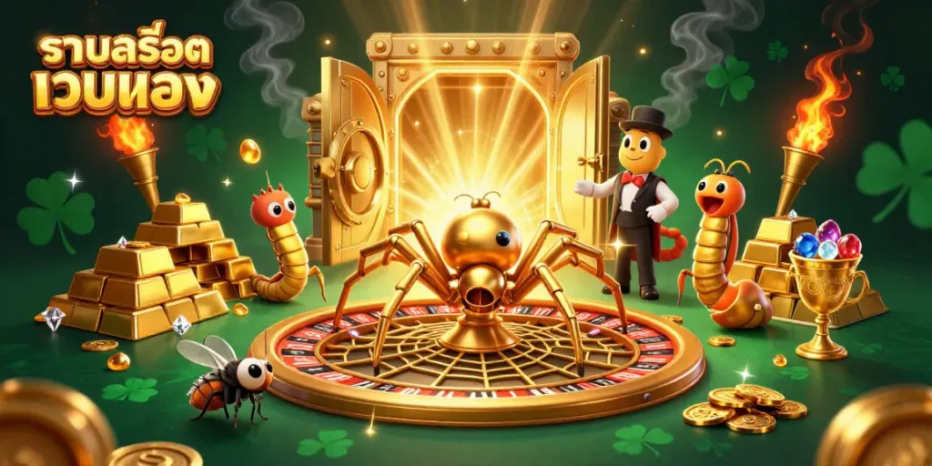 Experience thrilling bets at รวมสล็อตเว็บตรง with a golden spider roulette scene featuring a fly and centipede croupier.