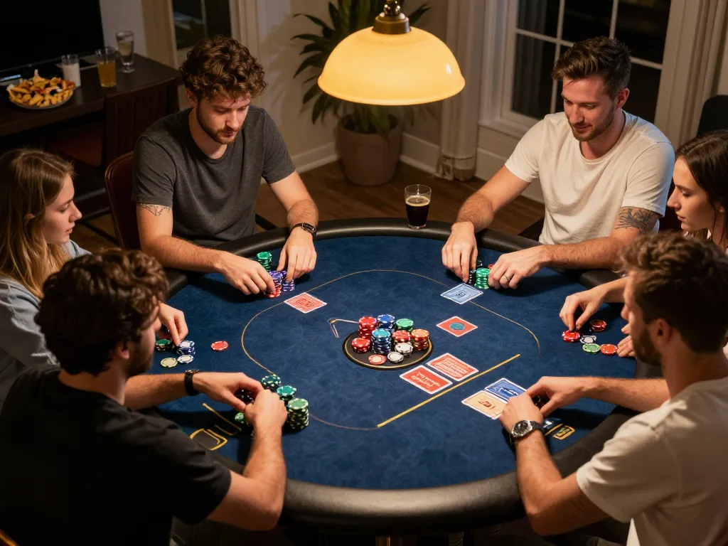 Players enjoying a friendly poker game at home, highlighting nk88 as a trusted gambling platform