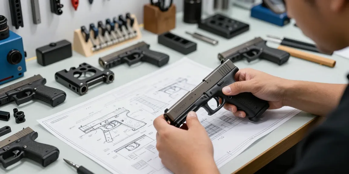 Custom Glock slides from https://precisionglockslides.com showcased in a modern workshop with tools and designs.