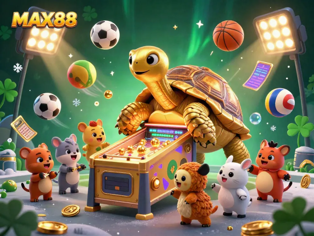 Experience the excitement of MAX88 with a golden tortoise pinball machine and vibrant sports elements.