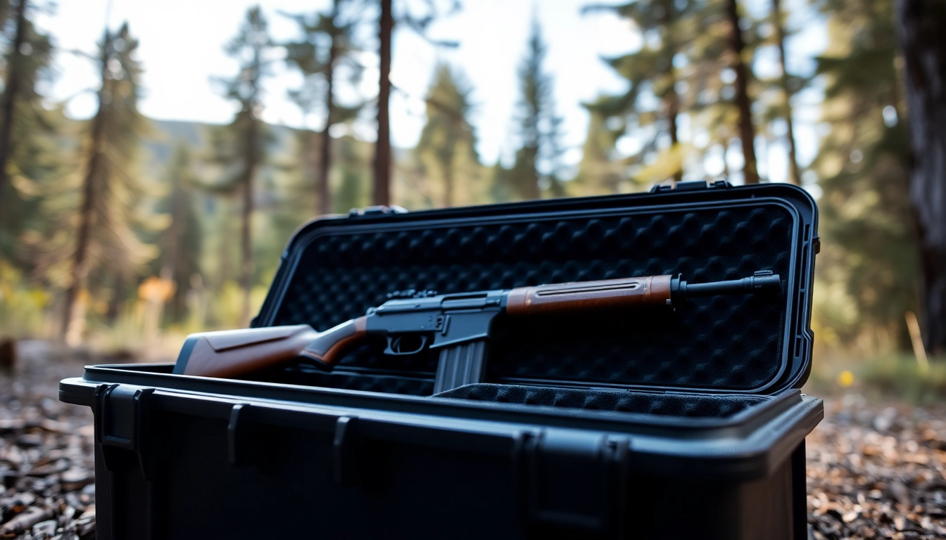 Pelican gun case for sale showcasing robust design with a rifle secured inside.