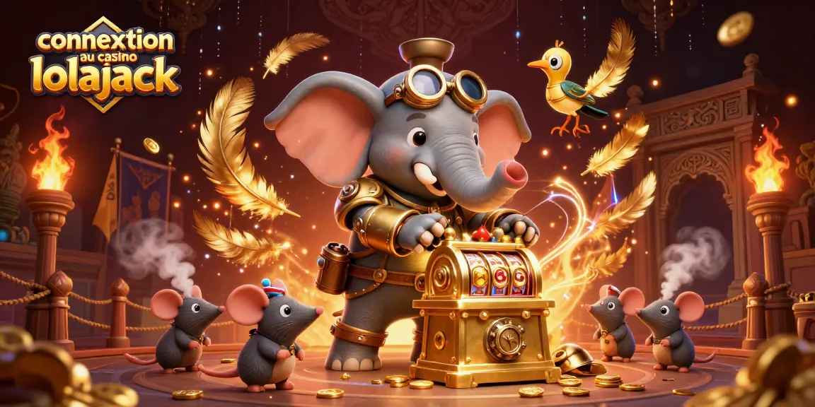 Entrez dans le monde du jeu avec connexion au casino lolajack, avec des machines à sous dorées et un éléphant steampunk.