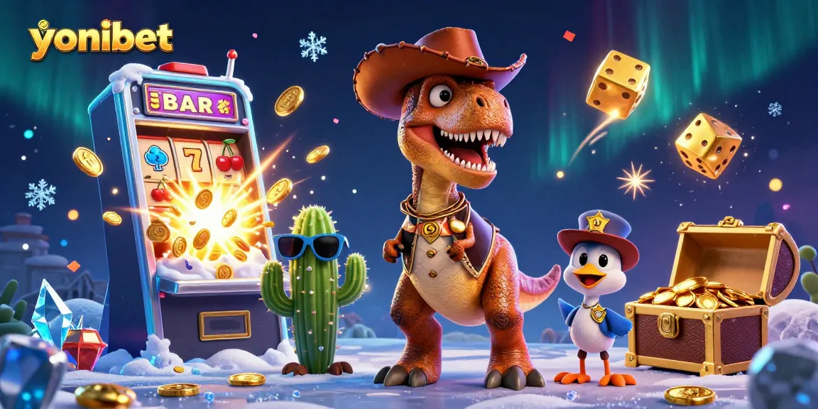 Experience thrilling gameplay at yonibet with our colorful, action-packed casino scene featuring a T-Rex.