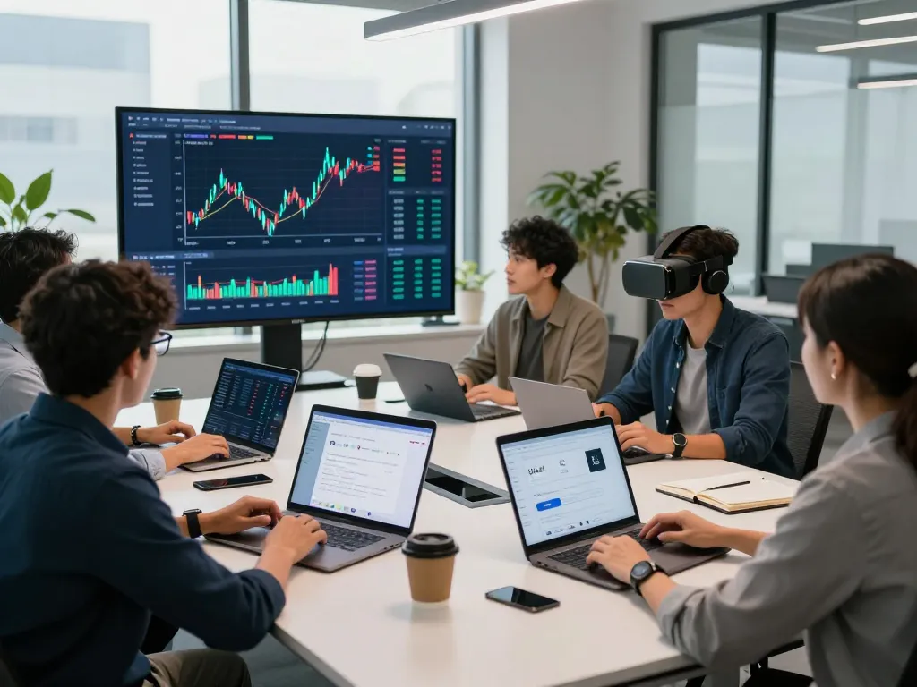 Dynamic team collaborating on the IO DeFi platform in a high-tech office setting.