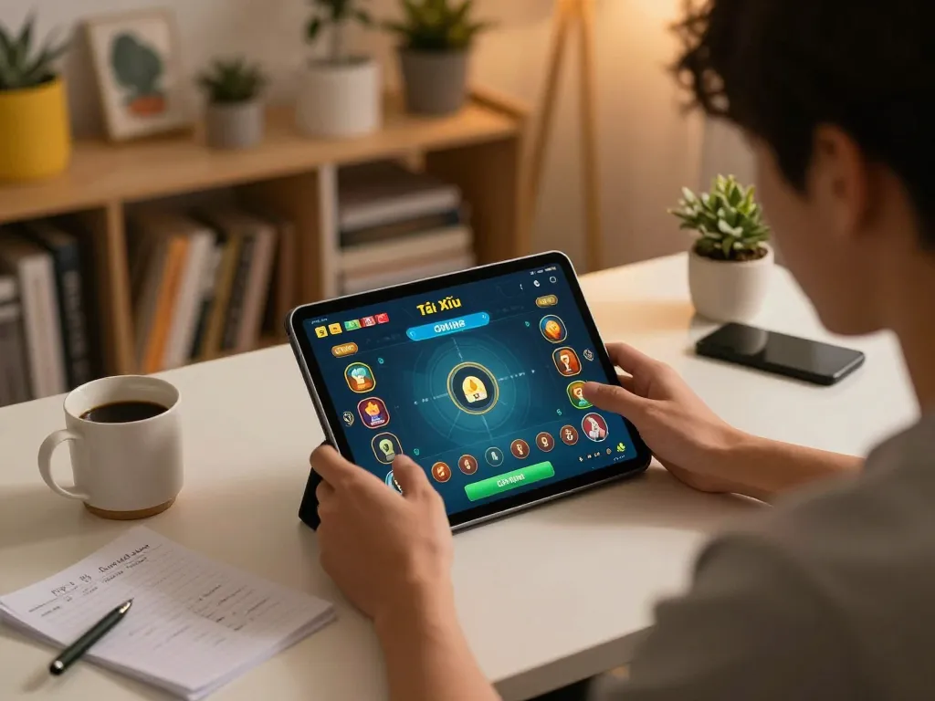 Tai Xiu Online gameplay on tablet in a cozy home office setting, illustrating strategic engagement.