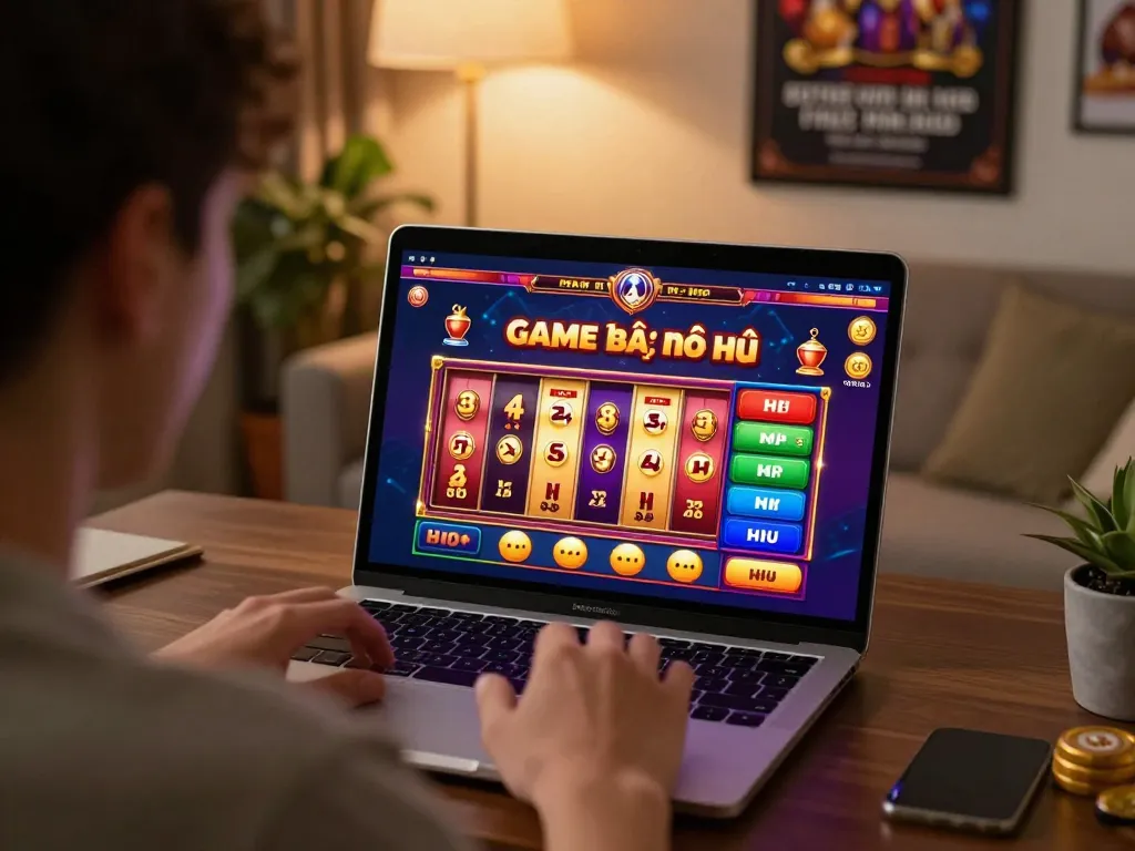 Engaged player enjoying Game bài nổ hũ on a laptop with colorful animations and a cozy atmosphere.