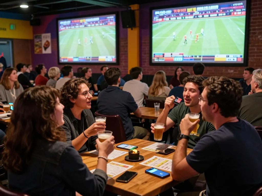 Engaged bettors analyzing strategies on keobongda sports betting slips while cheering in an exciting venue.