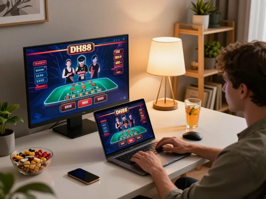 Player enjoying DH88 online casino games at home, showcasing a relaxed and strategic gaming environment.