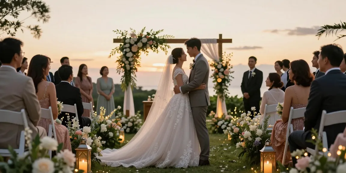 Bridal styling in un elegante scenario di matrimonio all'aperto con coppia felice