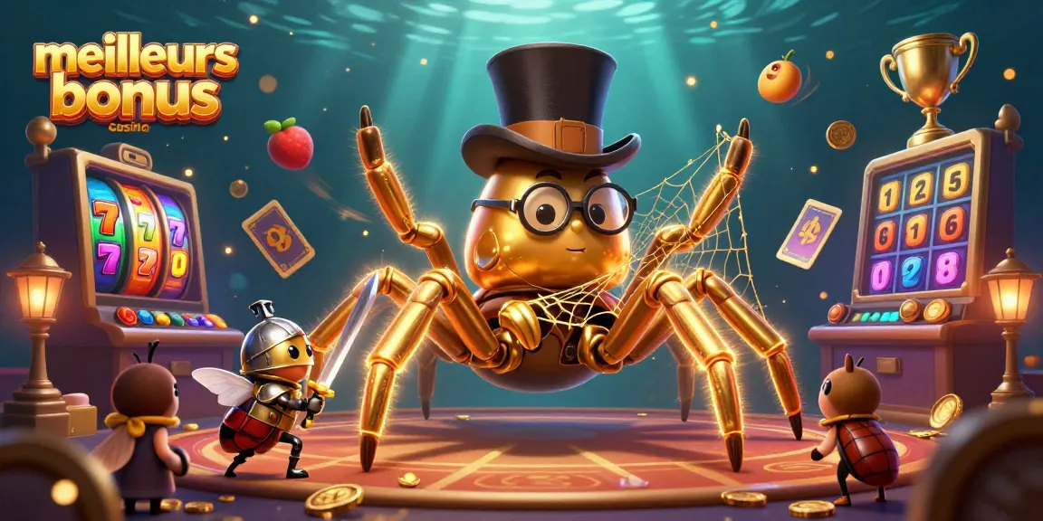 Les meilleurs bonus casino se dévoilent à travers une scène captivante avec une tarentule dorée et un chevalier scarabée.