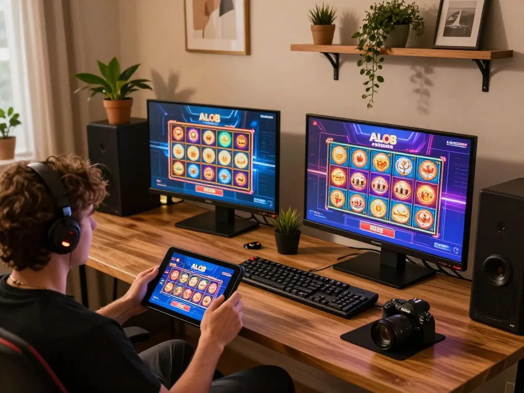 Person enjoying ALO8 online casino games on a tablet in a cozy home setting