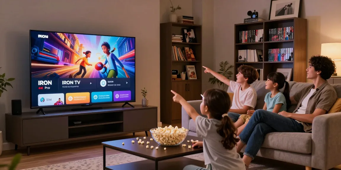 Family enjoying movie night with Iron TV subscription on Smart TV, showcasing 4K quality.