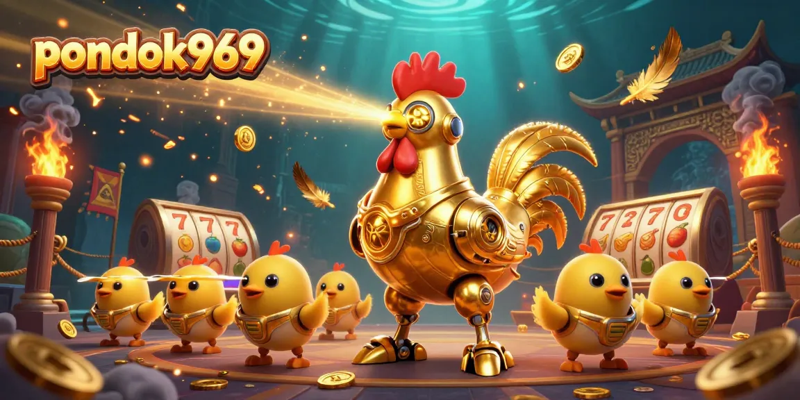 Pondok969 features a 3D retro-futuristic golden rooster robot amidst vibrant slot action.