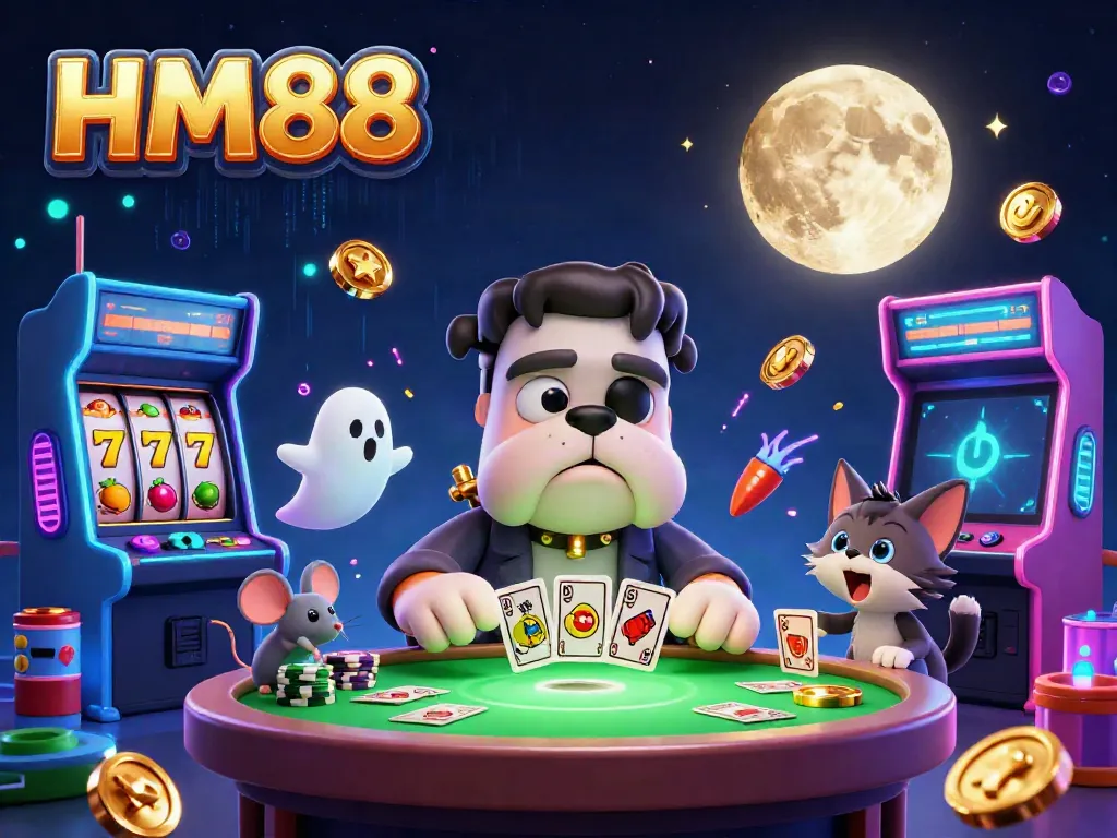 Experience casino excitement with HM88 as a bulldog deals cards at a glowing table.