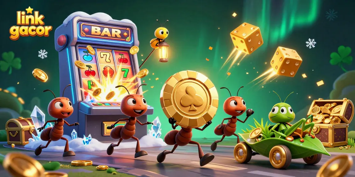 Experience excitement with link gacor as cartoon ants steal giant poker chips, bright slot machines, and jackpot symbols.