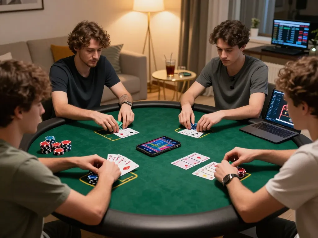Permainan poker online yang menarik di smartphone menunjukkan turnamen bintangmpo, suasana rumah yang nyaman dengan minuman dan catatan strategis.