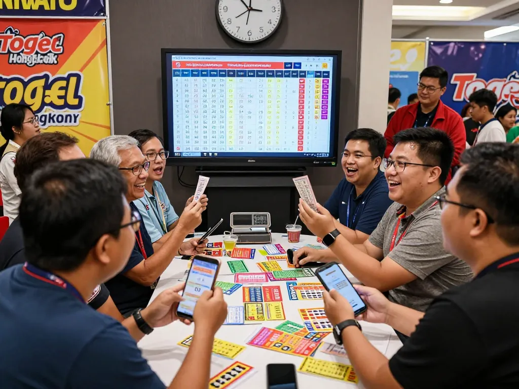 Togel Hongkong players excitedly watching live results displayed on screen during event.