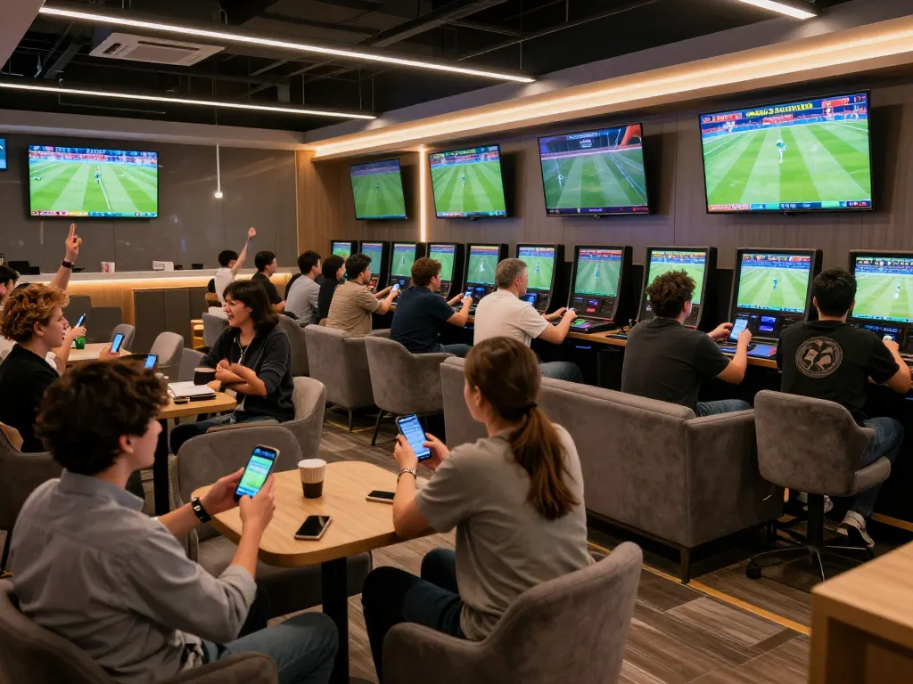 Fans engaging in sports betting at nhandinhkeonhacai, with multiple screens showing live matches and smartphones in use.