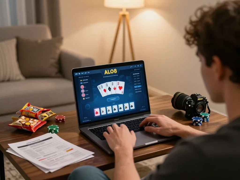 Player engaged in ALO8 online poker game showcasing strategy notes and immersive environment.