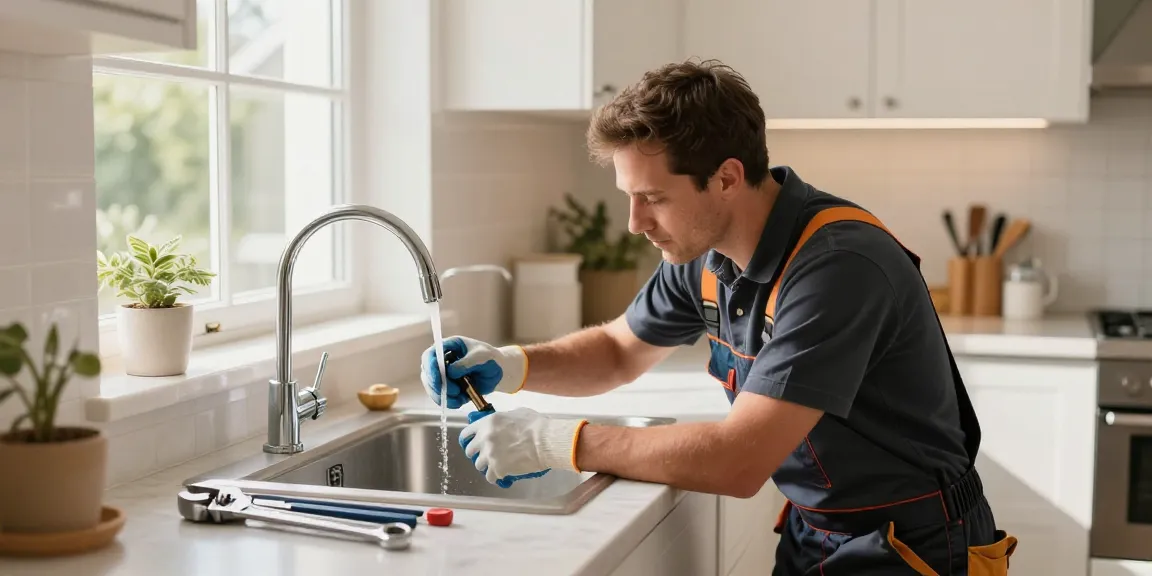 Skilled Stevenage plumber repairing a kitchen faucet, surrounded by tools in a bright setting.