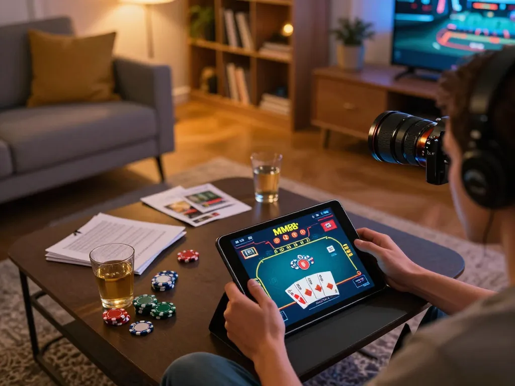 Engaging in online MM88 casino gaming with colorful poker interface on tablet in cozy living room.