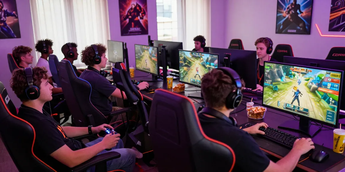 Diverse gamers enjoying a thrilling session of rokok88 on high-end setups filled with gaming gear.