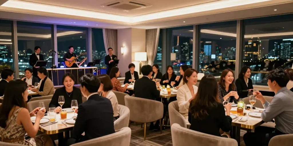 강남 타이밍에서 고급스러운 사교 분위기와 즐거운 대화가 가득한 모습