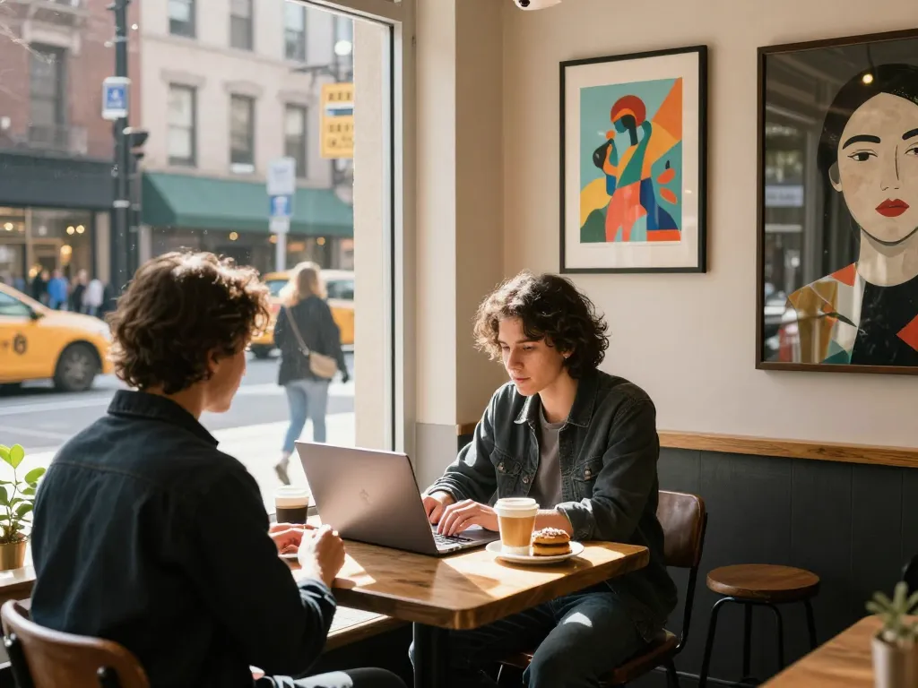 Local SEO NYC strategies in NYC café with business owner engaging in digital marketing.