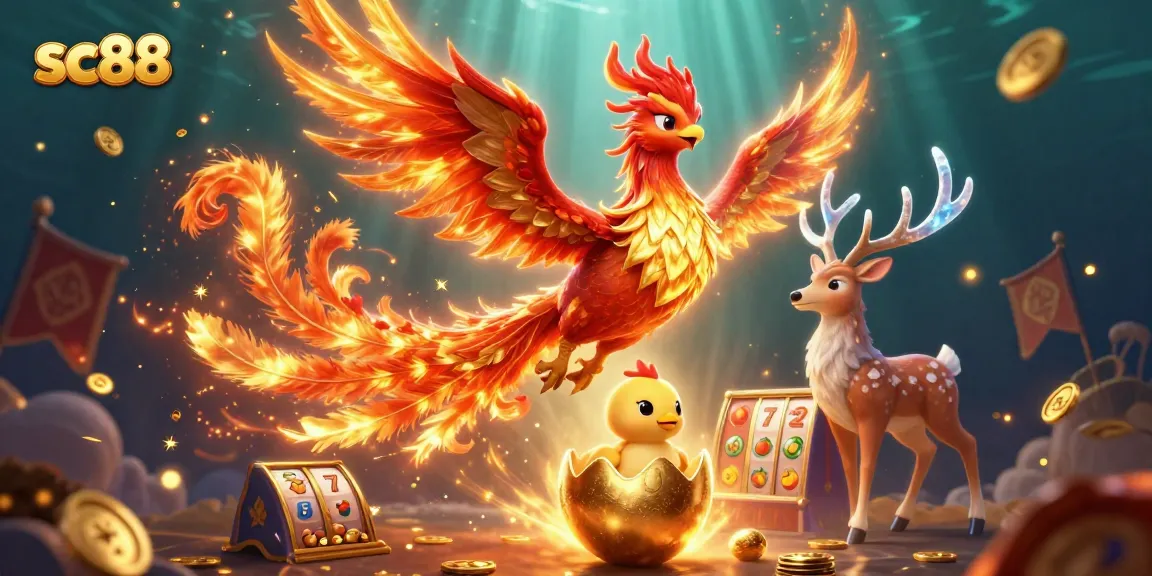 Experience the thrill of sc88 with a fiery phoenix and vibrant slot elements in this immersive scene.