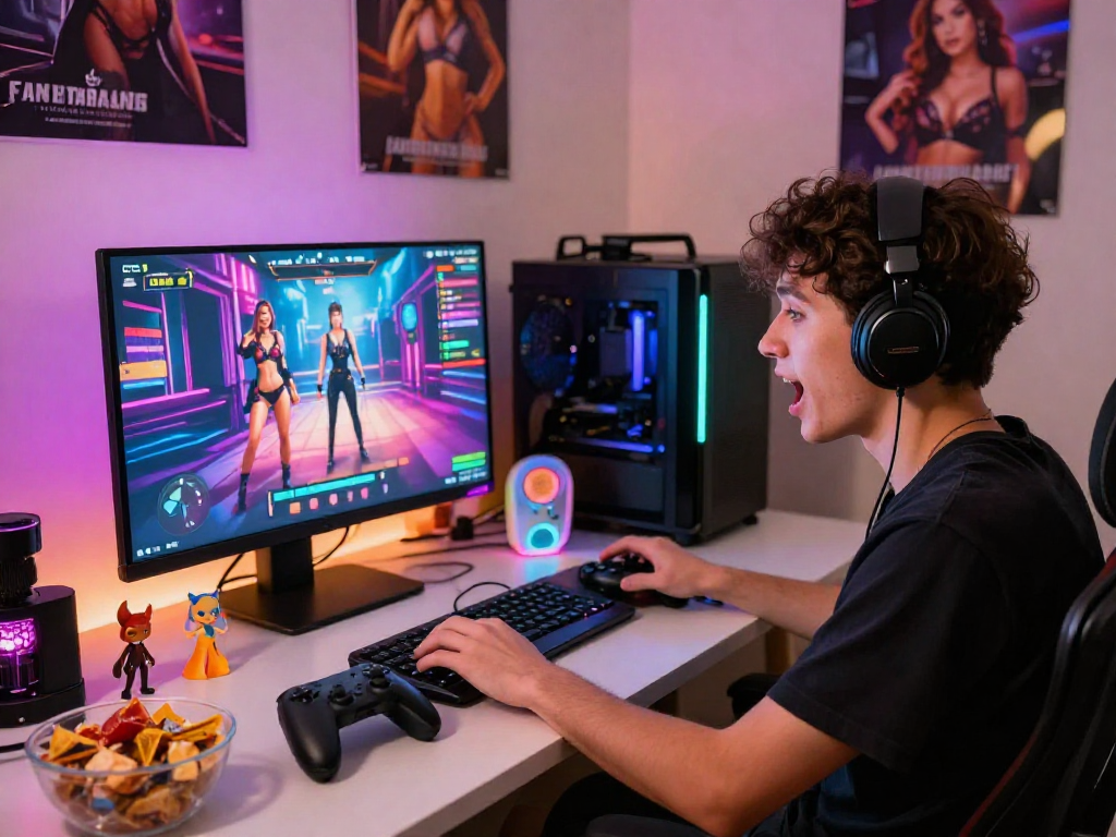 Exciting scene of a player engaged in a vibrant sex game on a gaming laptop amid colorful LED lights.